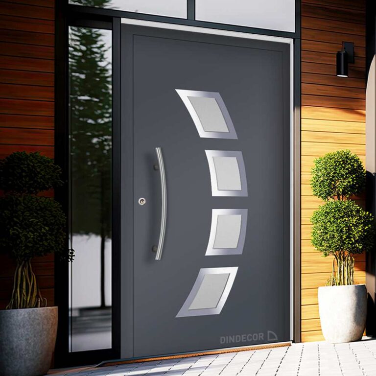 modern entrance door of house with wooden elements and black trim