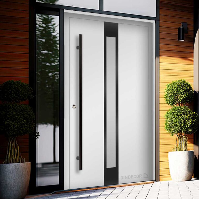 modern entrance door of house with wooden elements and black trim